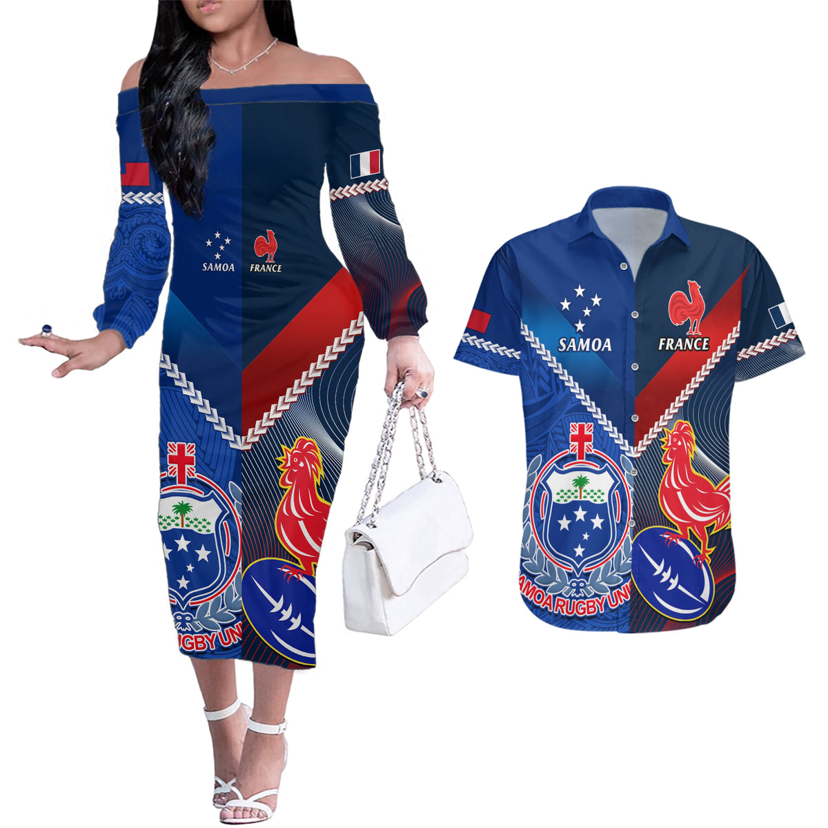 Custom Samoa And France Rugby Couples Matching Off The Shoulder Long Sleeve Dress and Hawaiian Shirt 2023 World Cup Manu Samoa With Les Bleus - Wonder Print Shop
