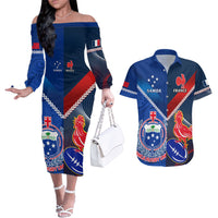 Custom Samoa And France Rugby Couples Matching Off The Shoulder Long Sleeve Dress and Hawaiian Shirt 2023 World Cup Manu Samoa With Les Bleus - Wonder Print Shop