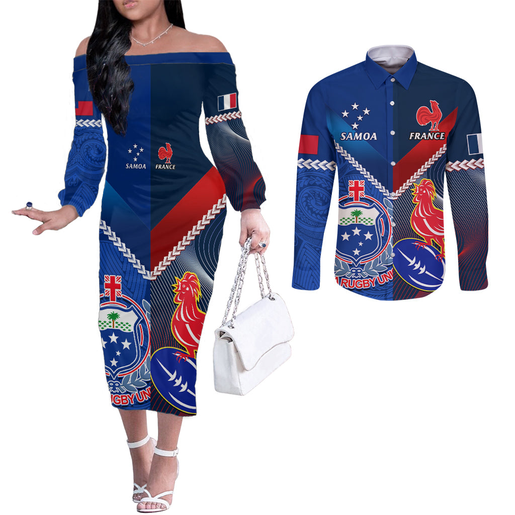 custom-samoa-and-france-rugby-couples-matching-off-the-shoulder-long-sleeve-dress-and-long-sleeve-button-shirts-2023-world-cup-manu-samoa-with-les-bleus