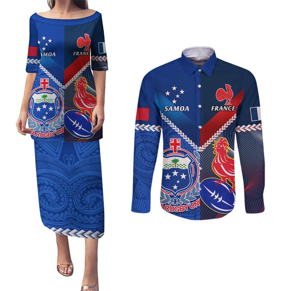 Custom Samoa And France Rugby Couples Matching Puletasi Dress and Long Sleeve Button Shirts 2023 World Cup Manu Samoa With Les Bleus - Wonder Print Shop