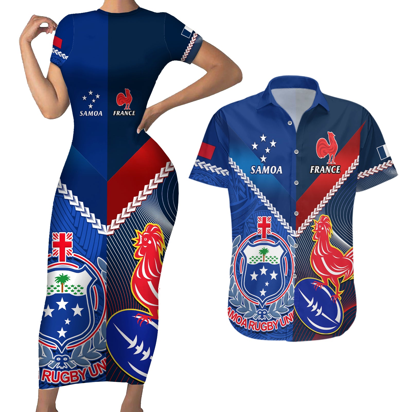 Custom Samoa And France Rugby Couples Matching Short Sleeve Bodycon Dress and Hawaiian Shirt 2023 World Cup Manu Samoa With Les Bleus - Wonder Print Shop