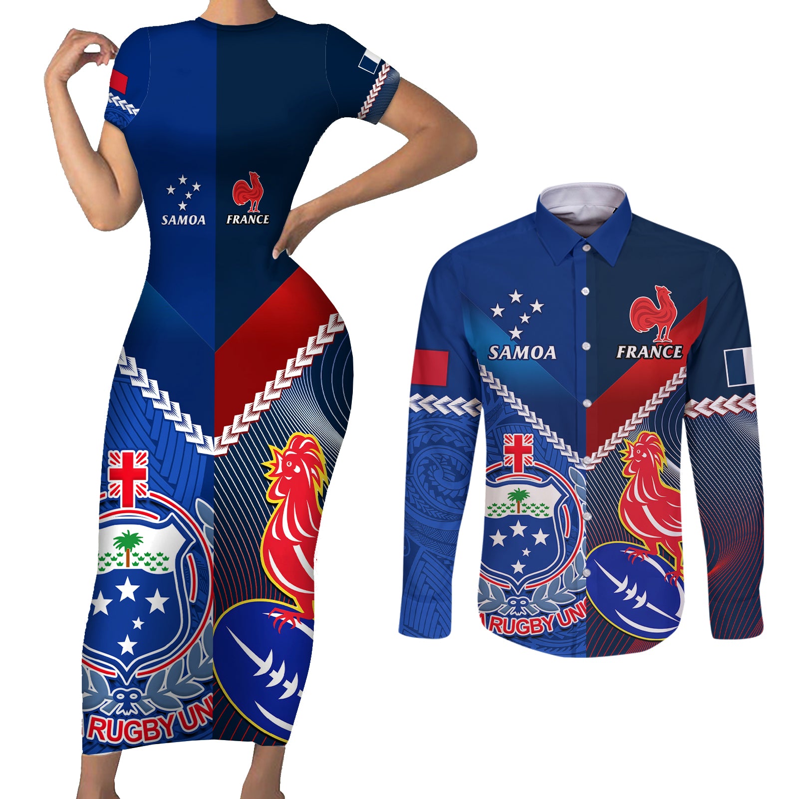custom-samoa-and-france-rugby-couples-matching-short-sleeve-bodycon-dress-and-long-sleeve-button-shirts-2023-world-cup-manu-samoa-with-les-bleus