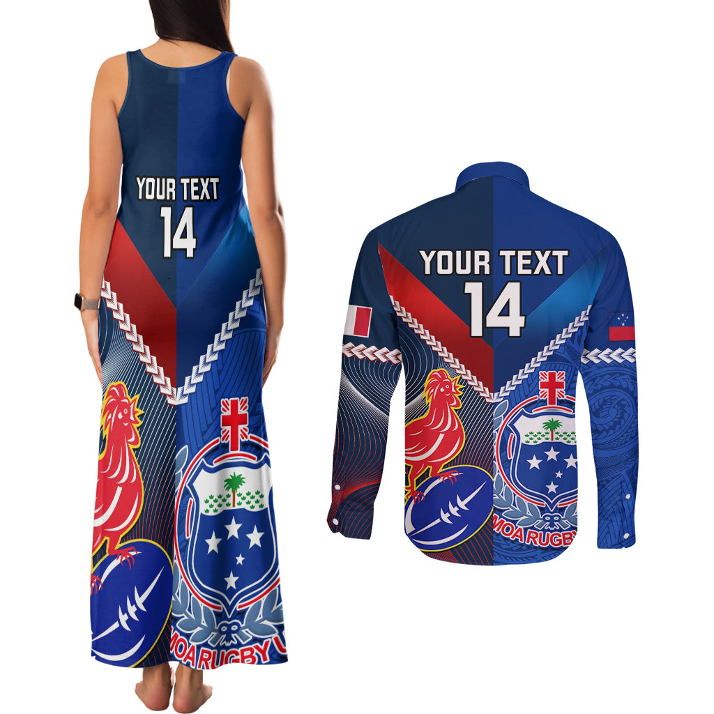 Custom Samoa And France Rugby Couples Matching Tank Maxi Dress and Long Sleeve Button Shirts 2023 World Cup Manu Samoa With Les Bleus - Wonder Print Shop