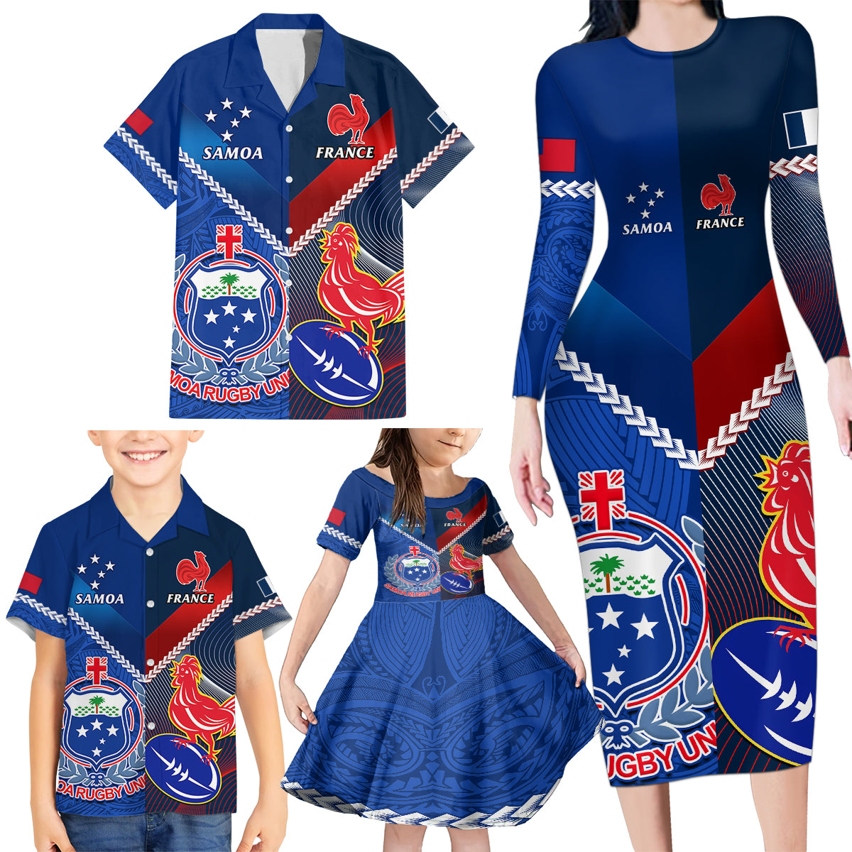 Custom Samoa And France Rugby Family Matching Long Sleeve Bodycon Dress and Hawaiian Shirt 2023 World Cup Manu Samoa With Les Bleus - Wonder Print Shop
