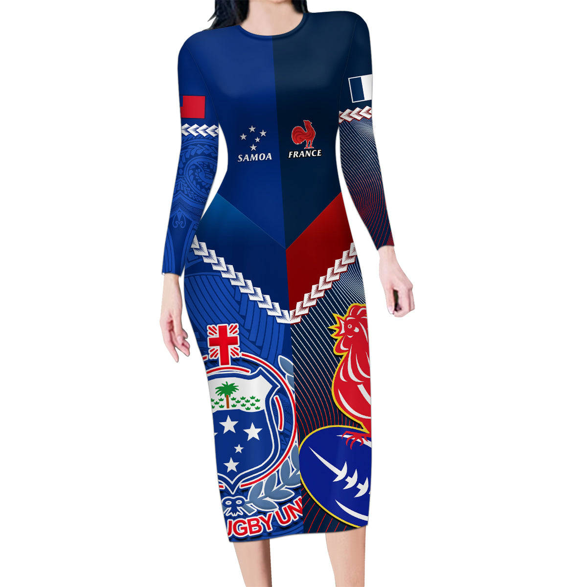 Custom Samoa And France Rugby Family Matching Long Sleeve Bodycon Dress and Hawaiian Shirt 2023 World Cup Manu Samoa With Les Bleus - Wonder Print Shop