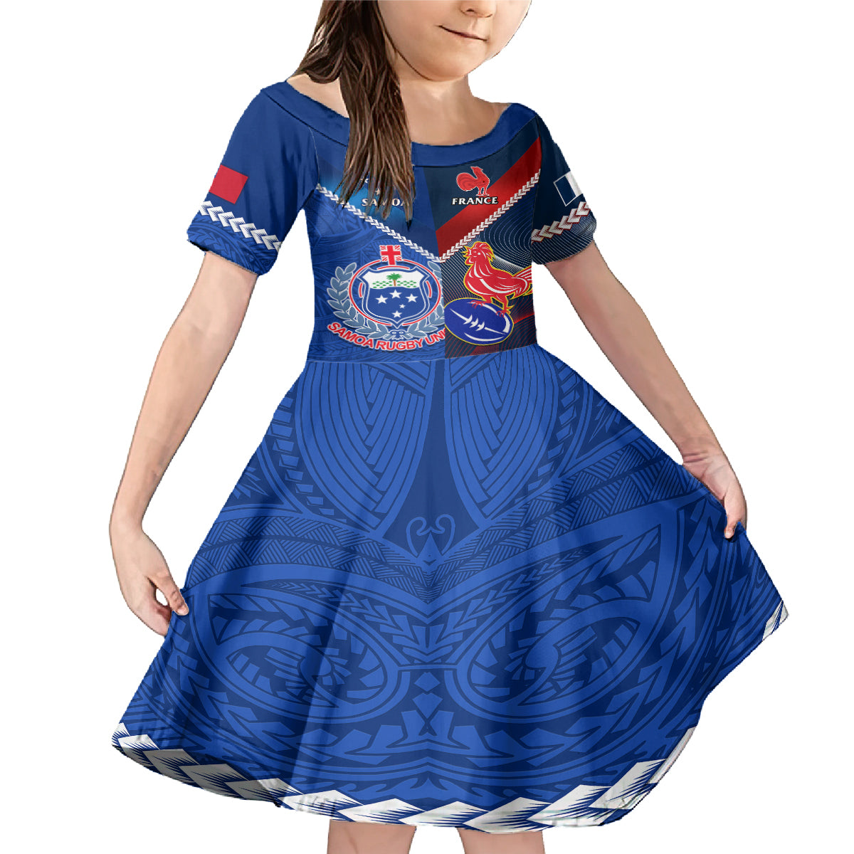 Custom Samoa And France Rugby Family Matching Mermaid Dress and Hawaiian Shirt 2023 World Cup Manu Samoa With Les Bleus - Wonder Print Shop