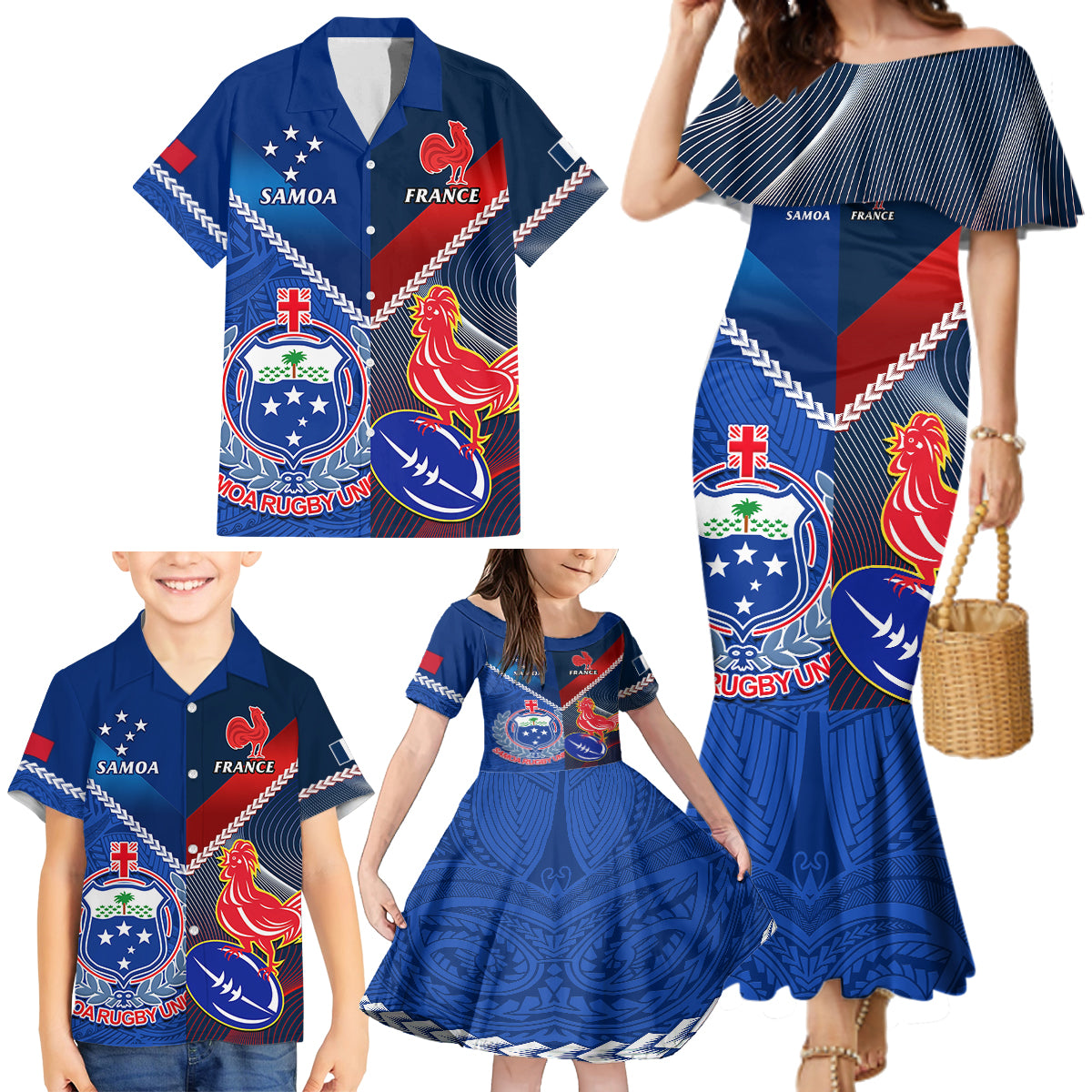 Custom Samoa And France Rugby Family Matching Mermaid Dress and Hawaiian Shirt 2023 World Cup Manu Samoa With Les Bleus - Wonder Print Shop