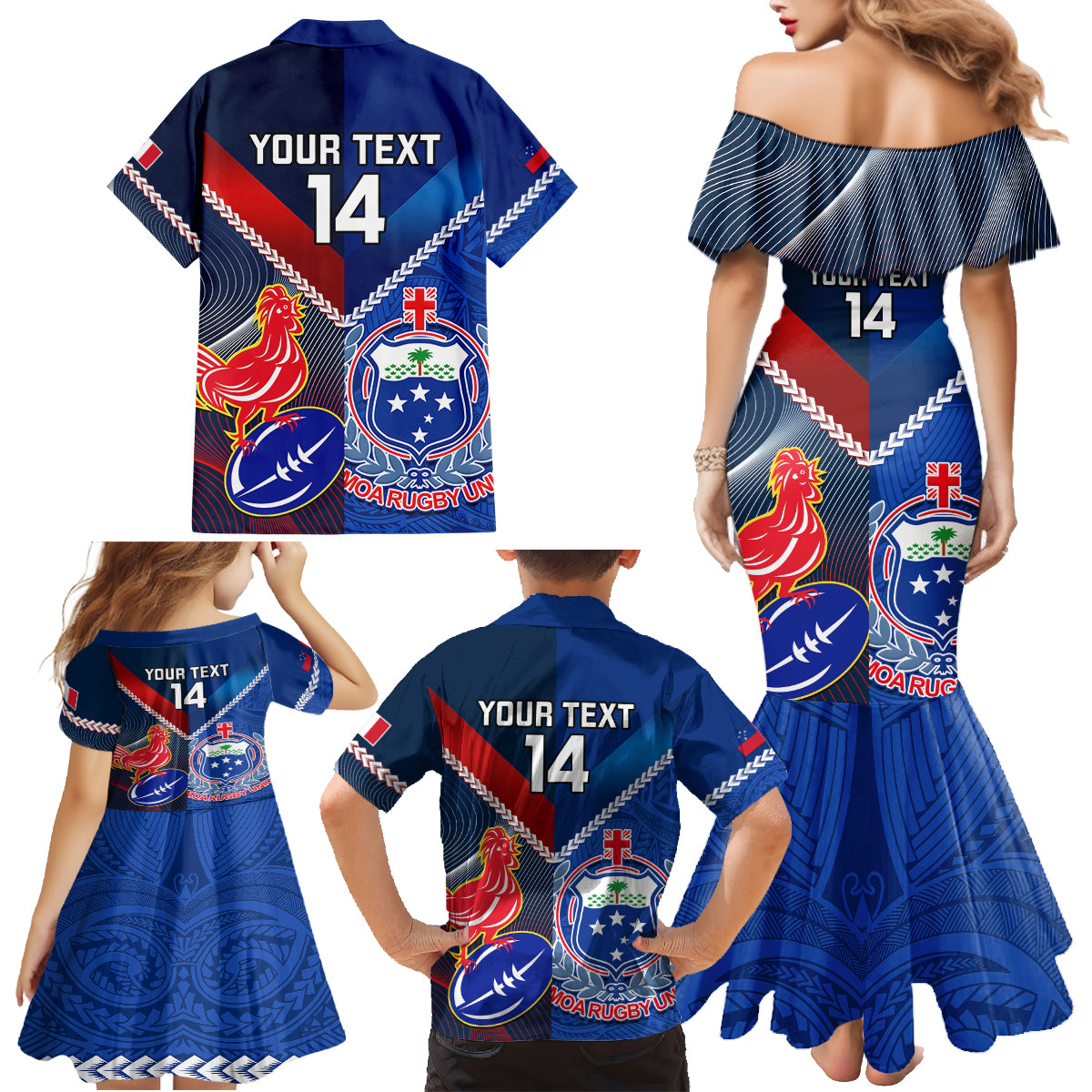 Custom Samoa And France Rugby Family Matching Mermaid Dress and Hawaiian Shirt 2023 World Cup Manu Samoa With Les Bleus - Wonder Print Shop