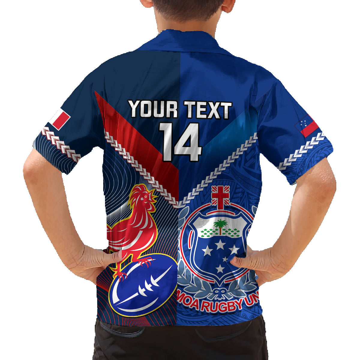 Custom Samoa And France Rugby Family Matching Off Shoulder Long Sleeve Dress and Hawaiian Shirt 2023 World Cup Manu Samoa With Les Bleus - Wonder Print Shop