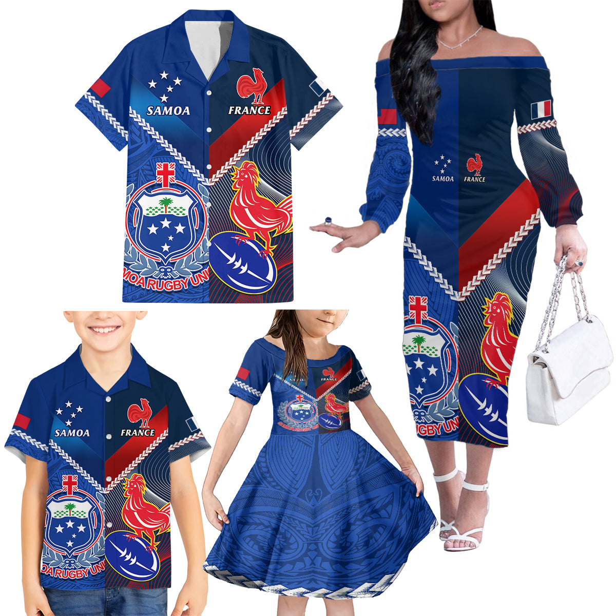 Custom Samoa And France Rugby Family Matching Off Shoulder Long Sleeve Dress and Hawaiian Shirt 2023 World Cup Manu Samoa With Les Bleus - Wonder Print Shop