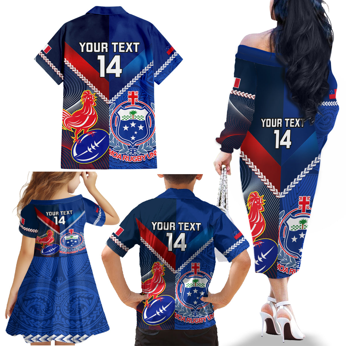 Custom Samoa And France Rugby Family Matching Off Shoulder Long Sleeve Dress and Hawaiian Shirt 2023 World Cup Manu Samoa With Les Bleus - Wonder Print Shop