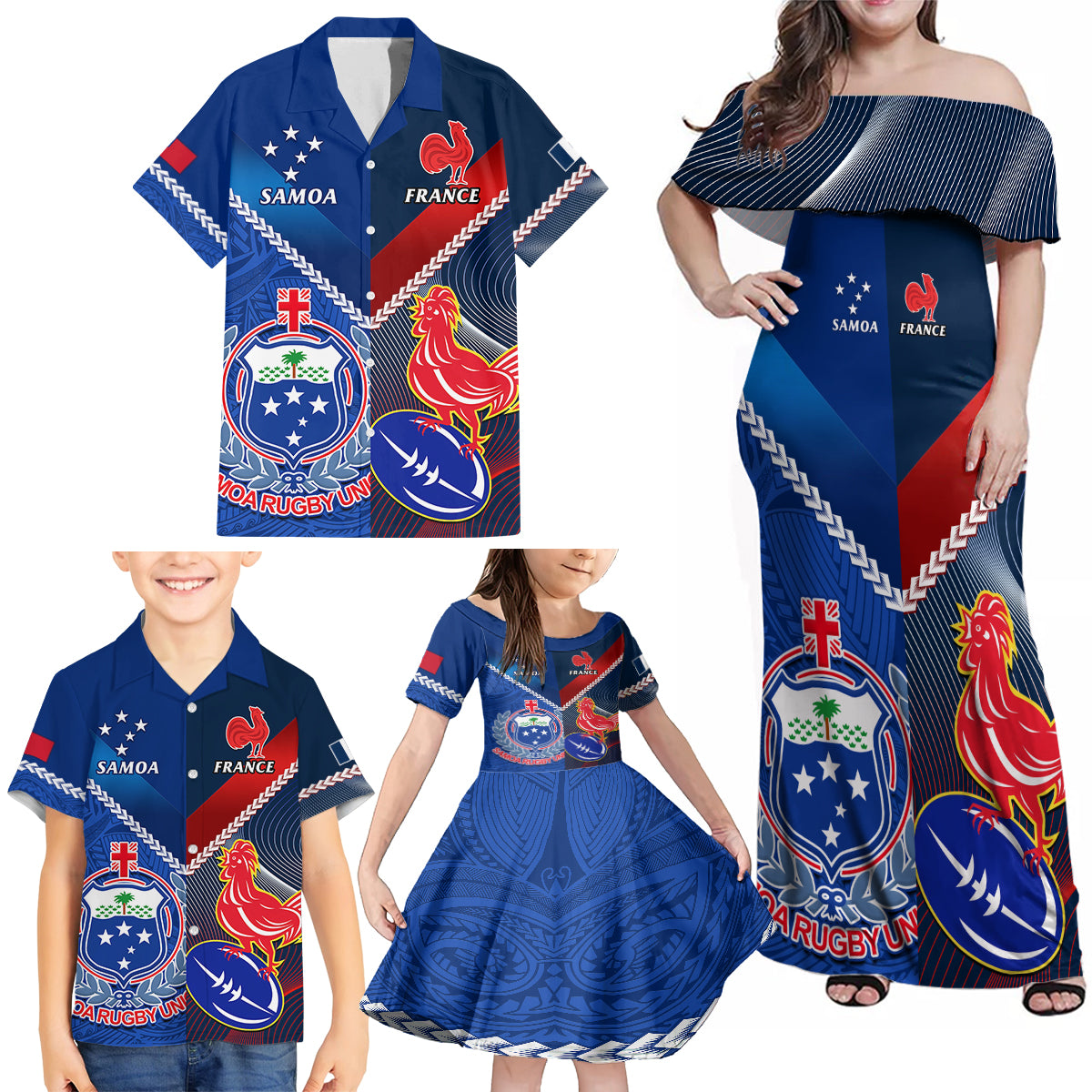Custom Samoa And France Rugby Family Matching Off Shoulder Maxi Dress and Hawaiian Shirt 2023 World Cup Manu Samoa With Les Bleus - Wonder Print Shop