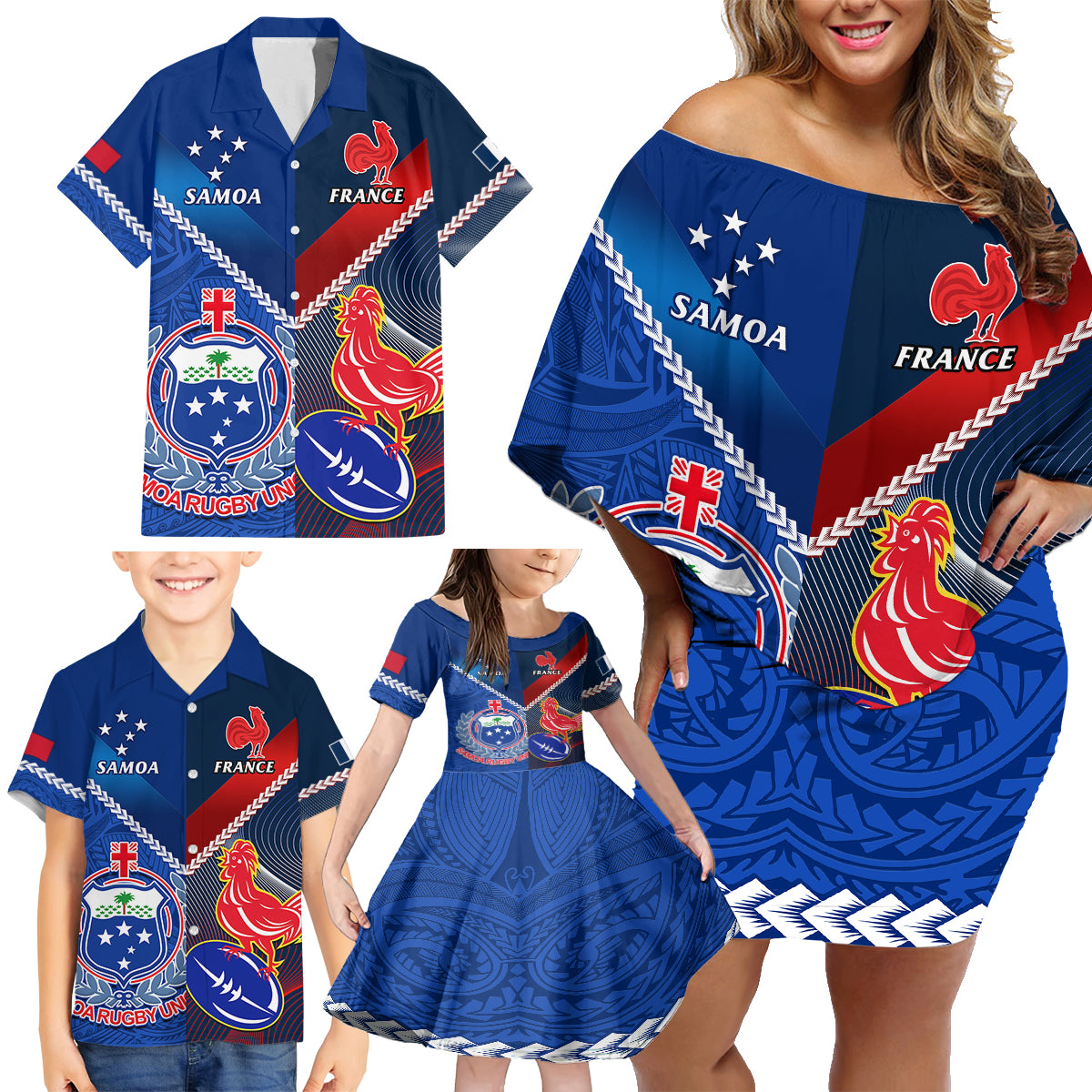 custom-samoa-and-france-rugby-family-matching-off-shoulder-short-dress-and-hawaiian-shirt-2023-world-cup-manu-samoa-with-les-bleus