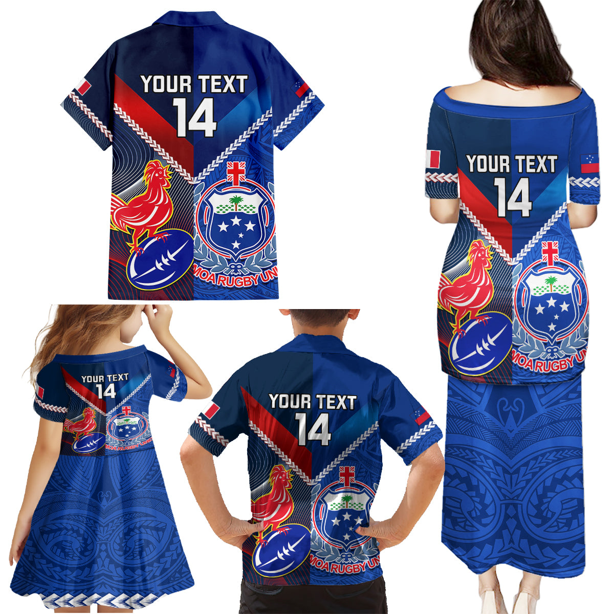 Custom Samoa And France Rugby Family Matching Puletasi Dress and Hawaiian Shirt 2023 World Cup Manu Samoa With Les Bleus - Wonder Print Shop