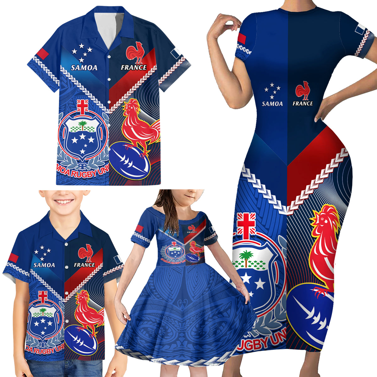 Custom Samoa And France Rugby Family Matching Short Sleeve Bodycon Dress and Hawaiian Shirt 2023 World Cup Manu Samoa With Les Bleus - Wonder Print Shop