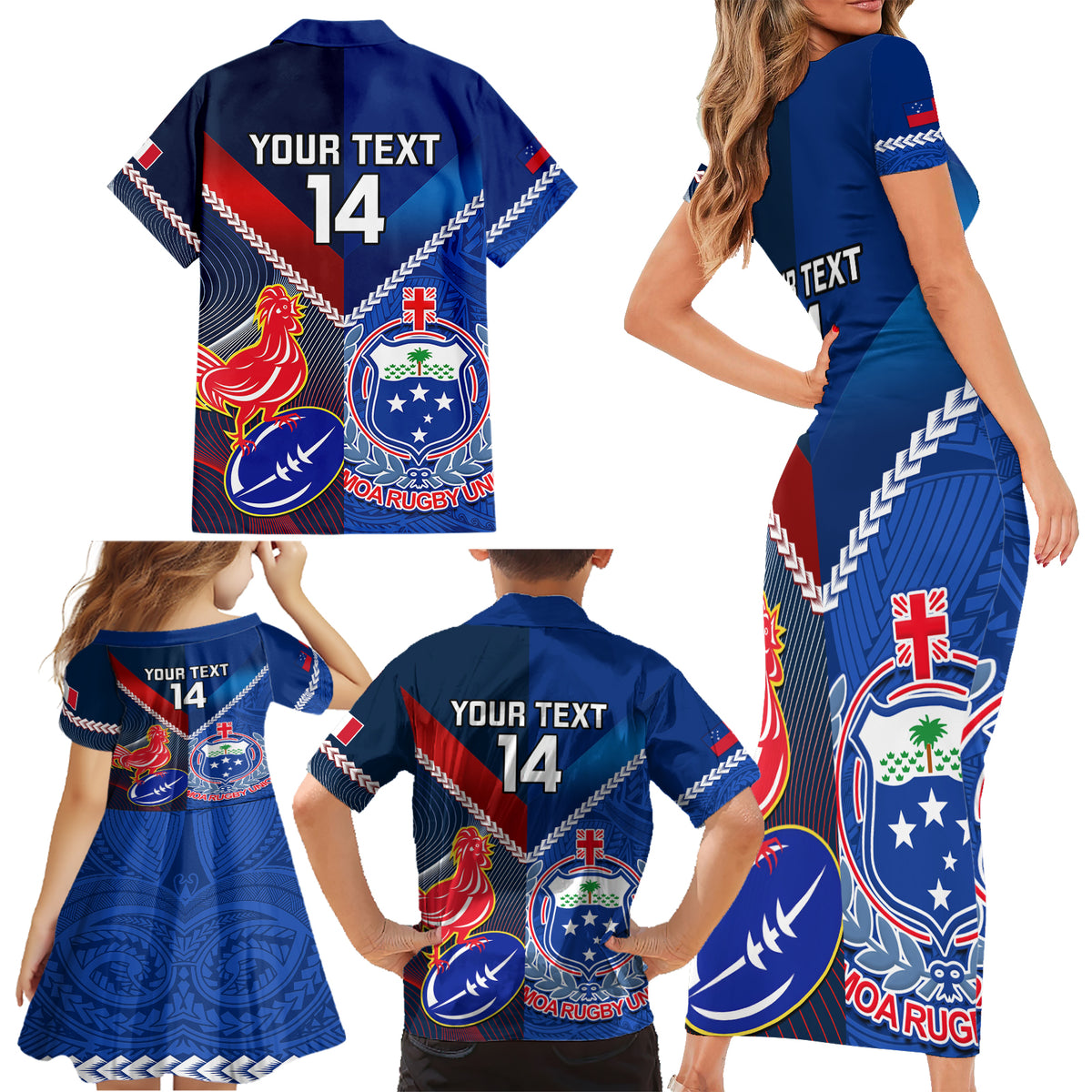 Custom Samoa And France Rugby Family Matching Short Sleeve Bodycon Dress and Hawaiian Shirt 2023 World Cup Manu Samoa With Les Bleus - Wonder Print Shop