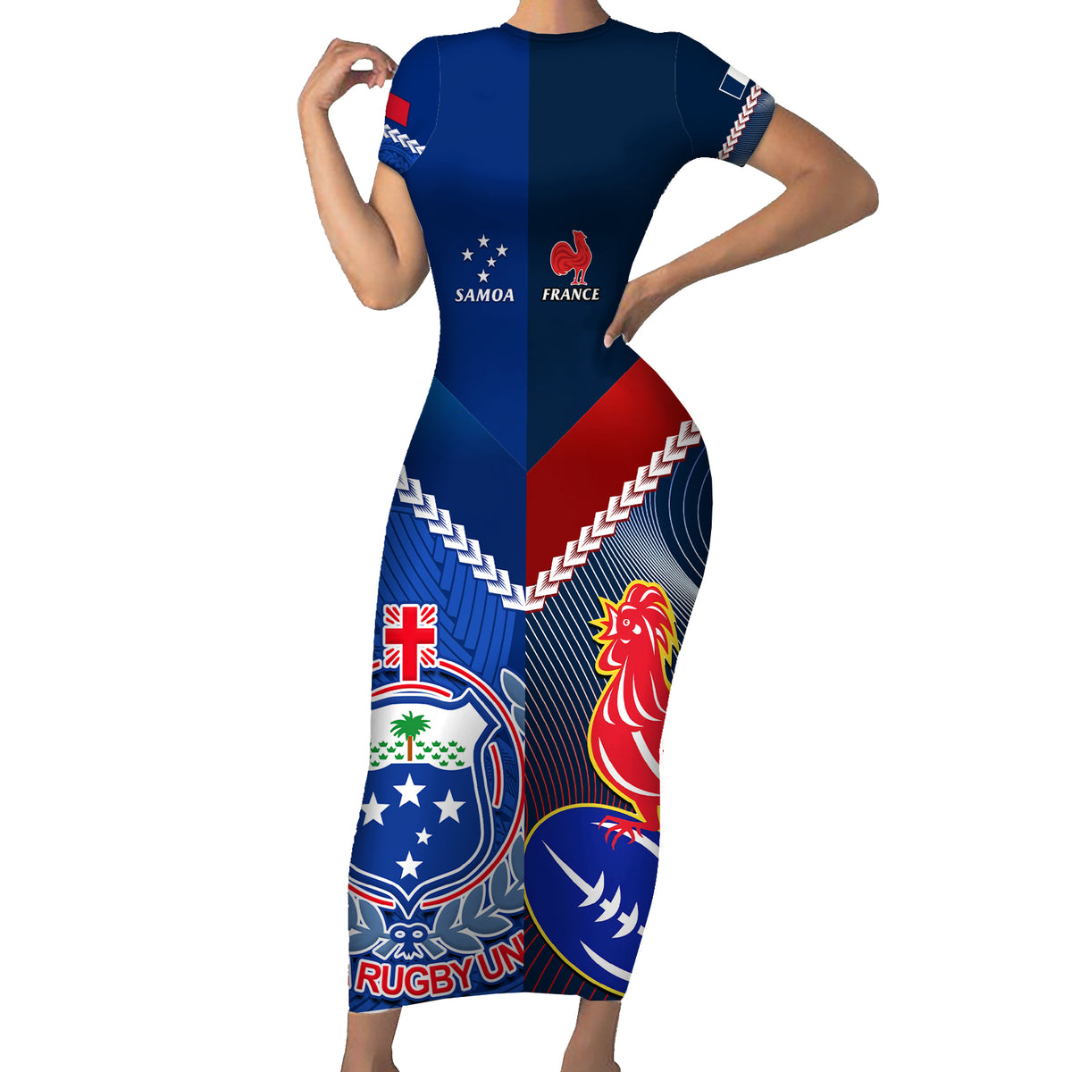 Custom Samoa And France Rugby Family Matching Short Sleeve Bodycon Dress and Hawaiian Shirt 2023 World Cup Manu Samoa With Les Bleus - Wonder Print Shop