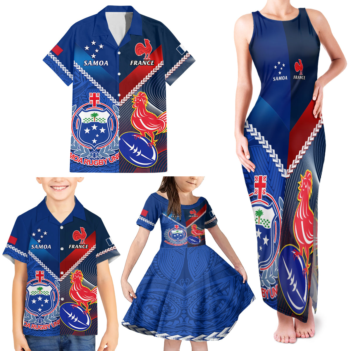 Custom Samoa And France Rugby Family Matching Tank Maxi Dress and Hawaiian Shirt 2023 World Cup Manu Samoa With Les Bleus - Wonder Print Shop