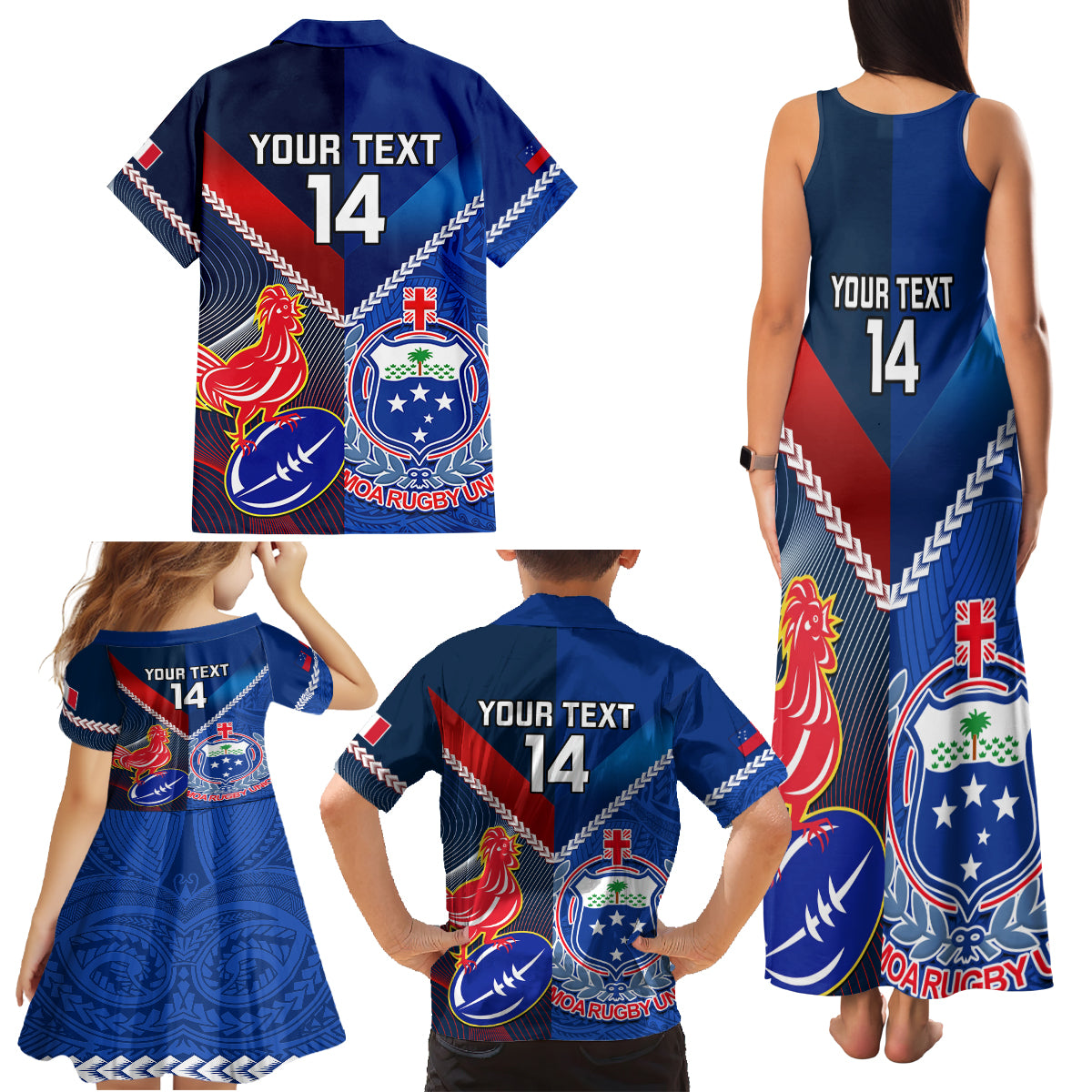 Custom Samoa And France Rugby Family Matching Tank Maxi Dress and Hawaiian Shirt 2023 World Cup Manu Samoa With Les Bleus - Wonder Print Shop