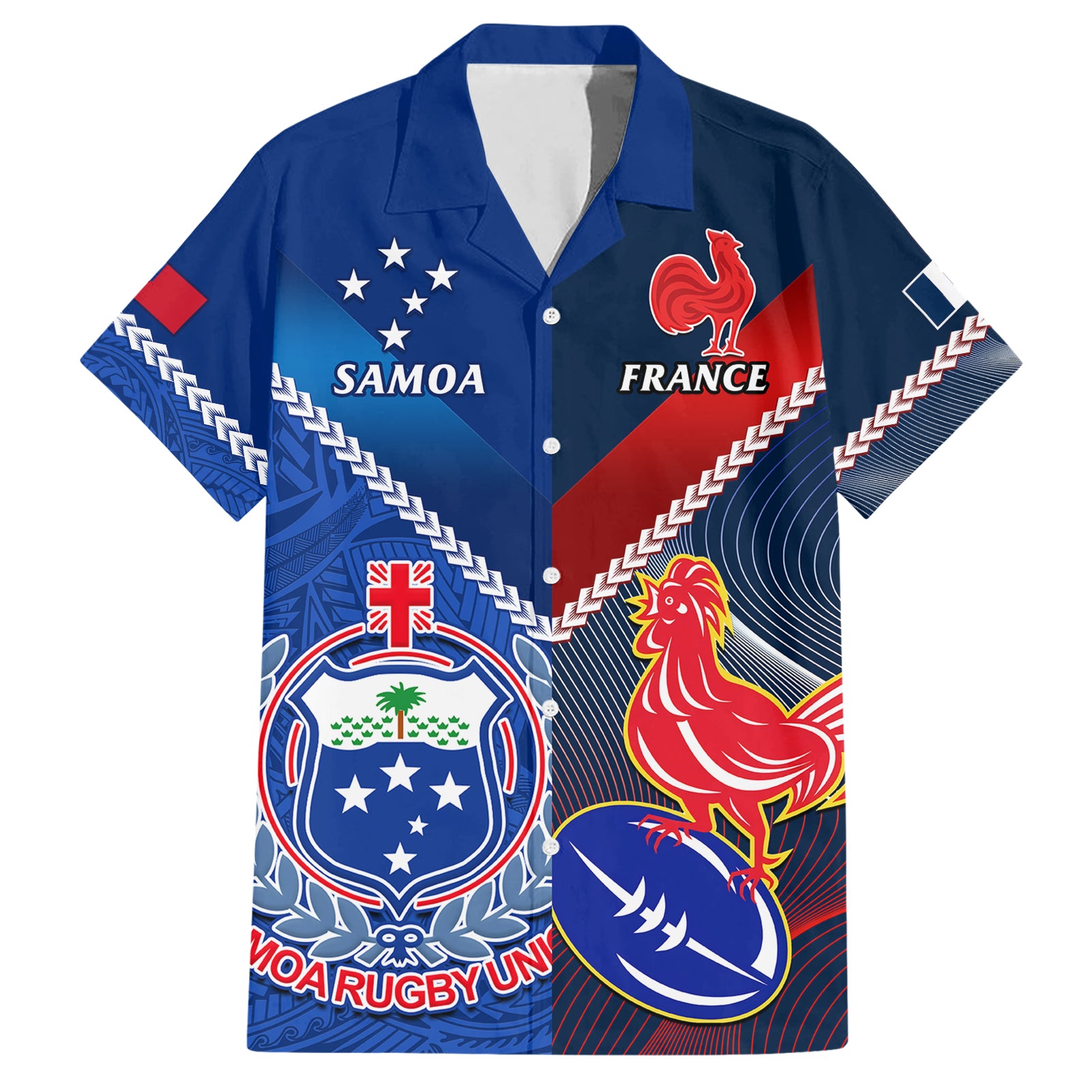 Custom Samoa And France Rugby Hawaiian Shirt 2023 World Cup Manu Samoa With Les Bleus - Wonder Print Shop