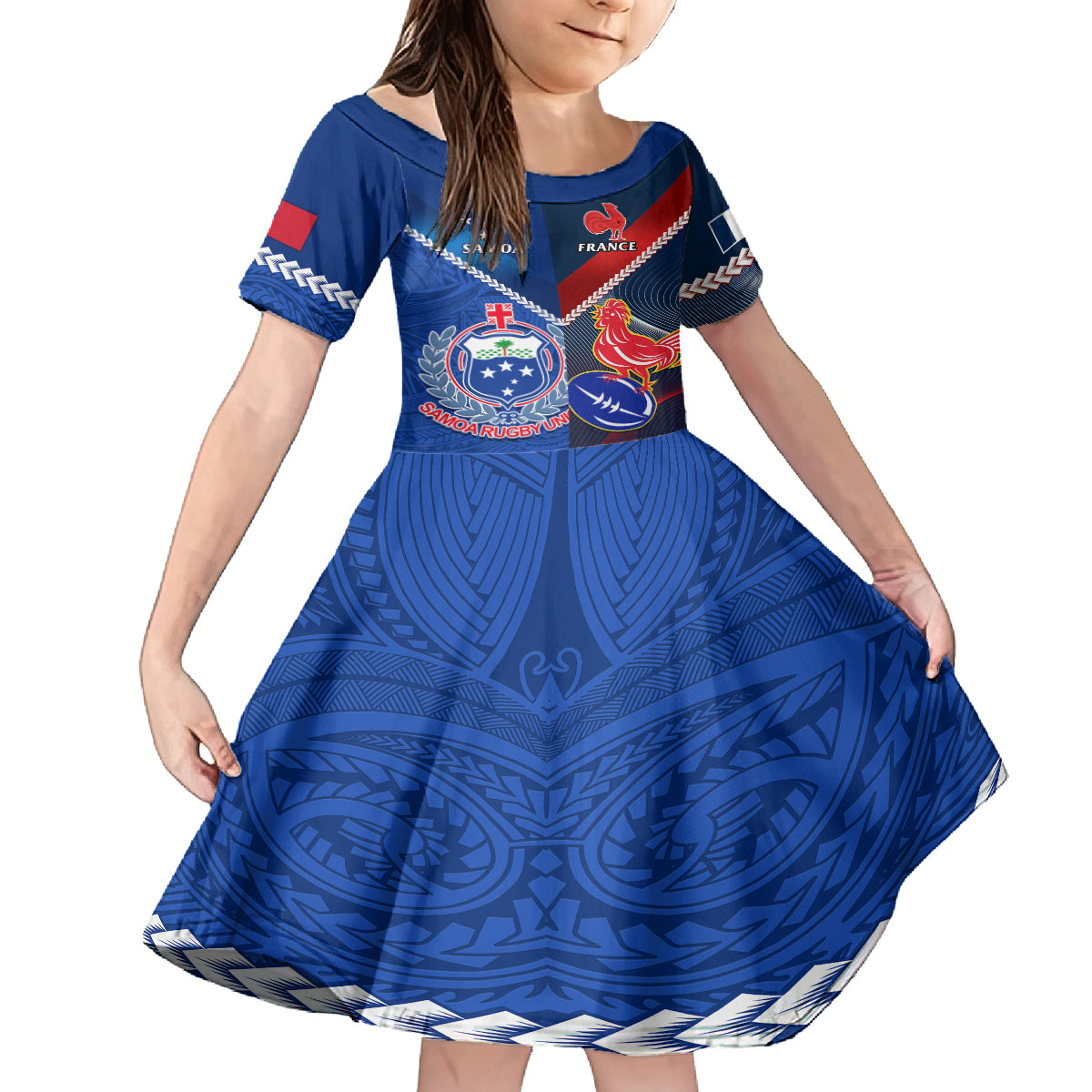 Custom Samoa And France Rugby Kid Short Sleeve Dress 2023 World Cup Manu Samoa With Les Bleus - Wonder Print Shop