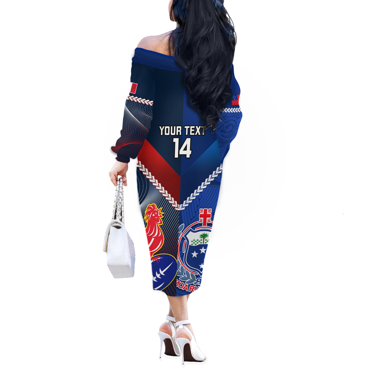 Custom Samoa And France Rugby Off The Shoulder Long Sleeve Dress 2023 World Cup Manu Samoa With Les Bleus - Wonder Print Shop