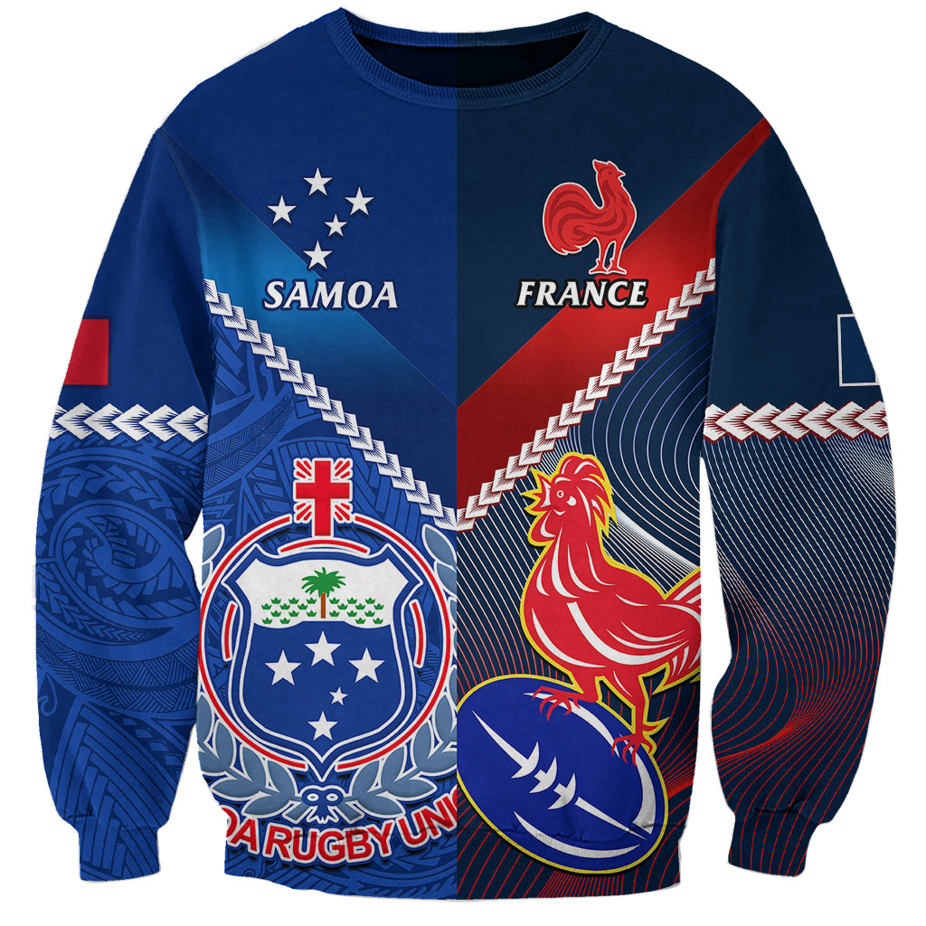Custom Samoa And France Rugby Sweatshirt 2023 World Cup Manu Samoa With Les Bleus - Wonder Print Shop