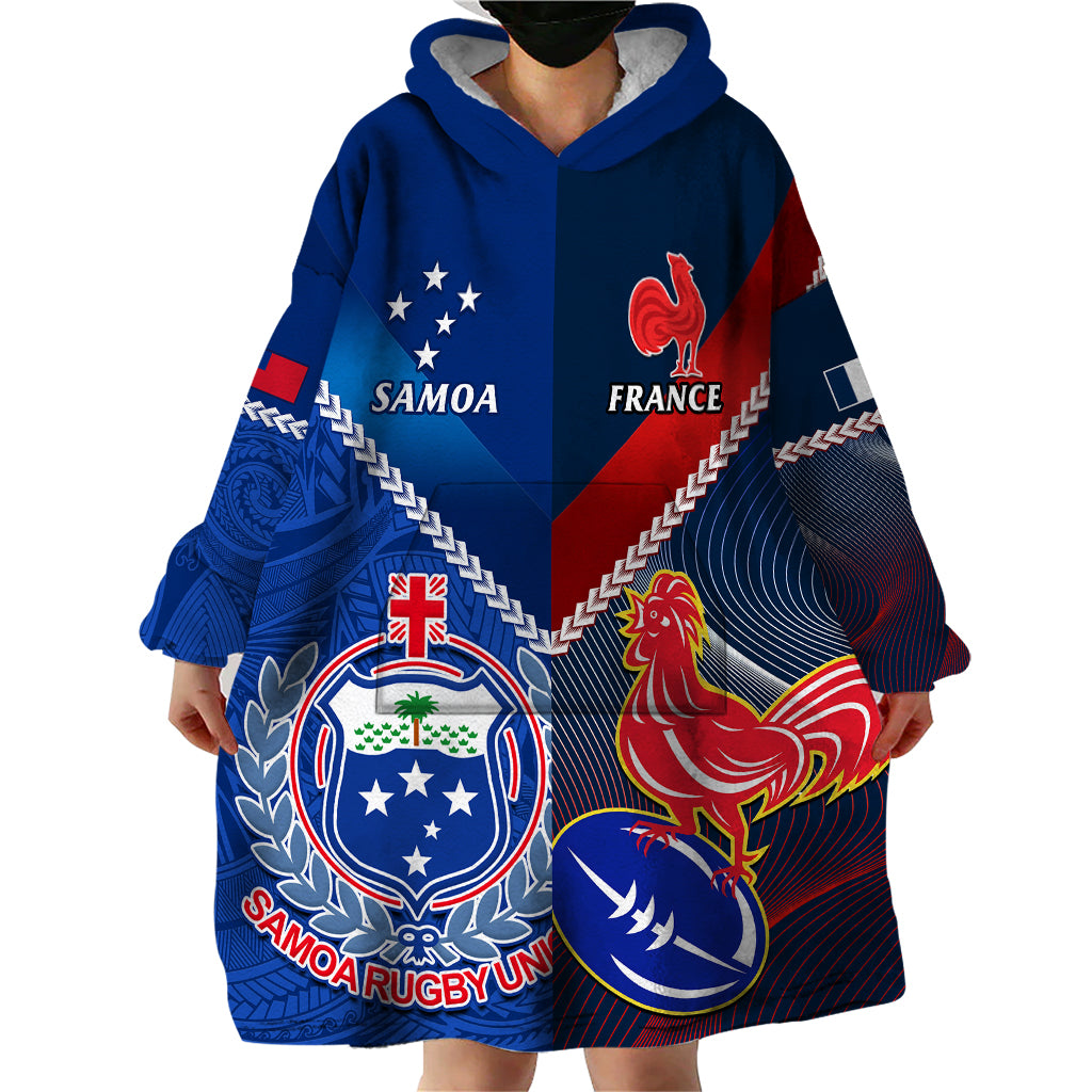 Custom Samoa And France Rugby Wearable Blanket Hoodie 2023 World Cup Manu Samoa With Les Bleus - Wonder Print Shop