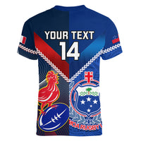 Custom Samoa And France Rugby Women V Neck T Shirt 2023 World Cup Manu Samoa With Les Bleus - Wonder Print Shop