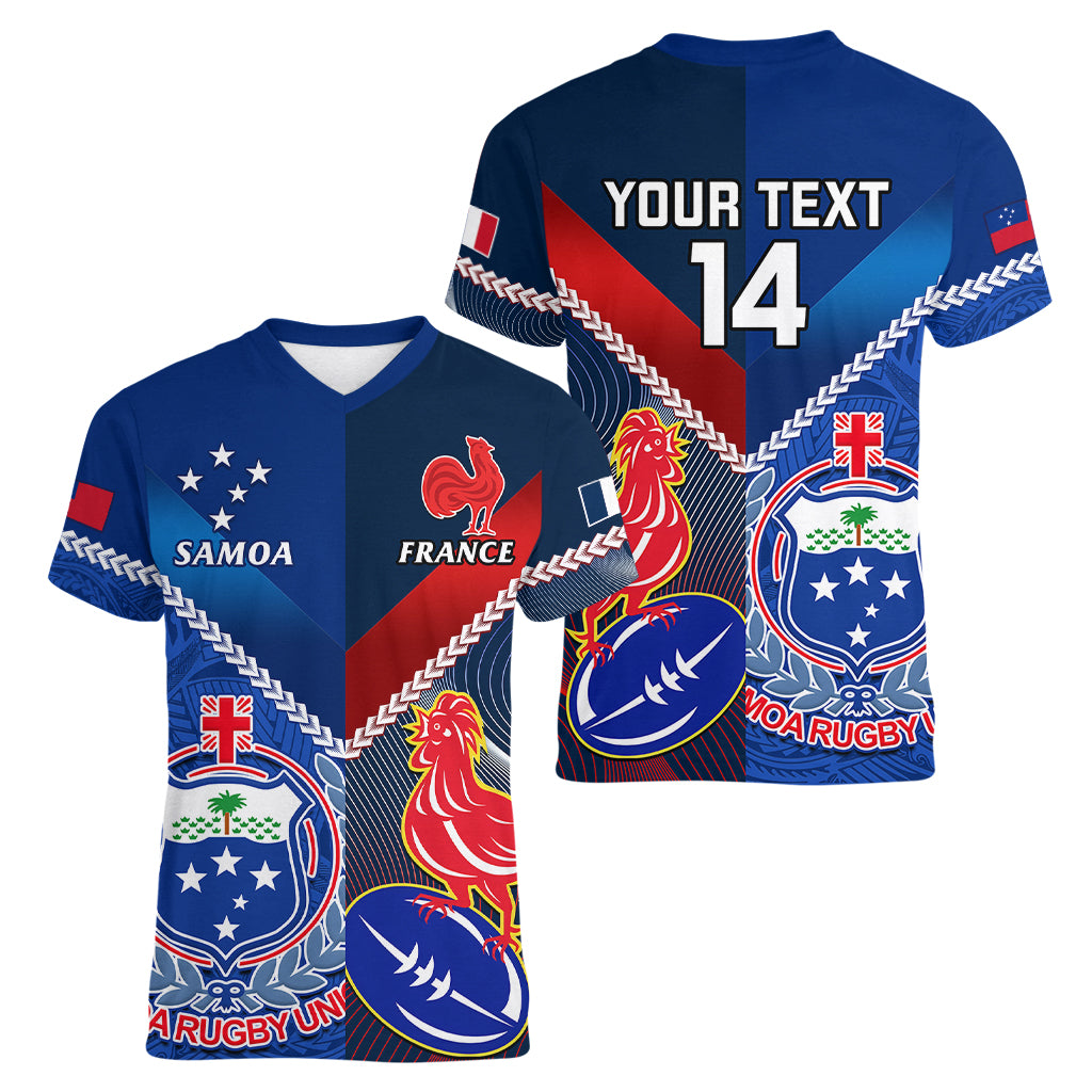 Custom Samoa And France Rugby Women V Neck T Shirt 2023 World Cup Manu Samoa With Les Bleus - Wonder Print Shop