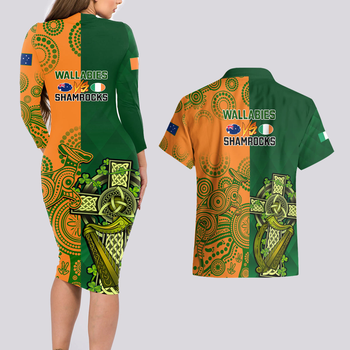 Australia And Ireland Rugby Couples Matching Long Sleeve Bodycon Dress and Hawaiian Shirt 2023 World Cup Walllabies With Shamrocks - Wonder Print Shop