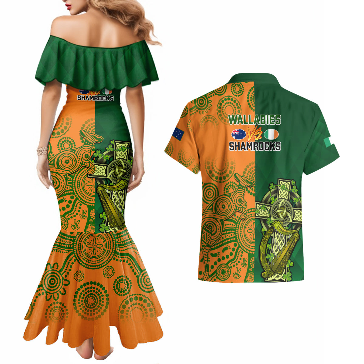 Australia And Ireland Rugby Couples Matching Mermaid Dress and Hawaiian Shirt 2023 World Cup Walllabies With Shamrocks - Wonder Print Shop