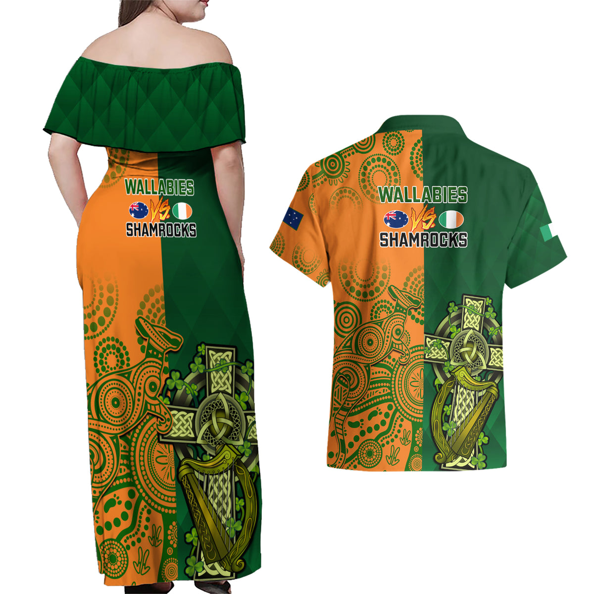Australia And Ireland Rugby Couples Matching Off Shoulder Maxi Dress and Hawaiian Shirt 2023 World Cup Walllabies With Shamrocks - Wonder Print Shop