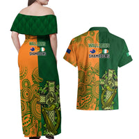 Australia And Ireland Rugby Couples Matching Off Shoulder Maxi Dress and Hawaiian Shirt 2023 World Cup Walllabies With Shamrocks - Wonder Print Shop