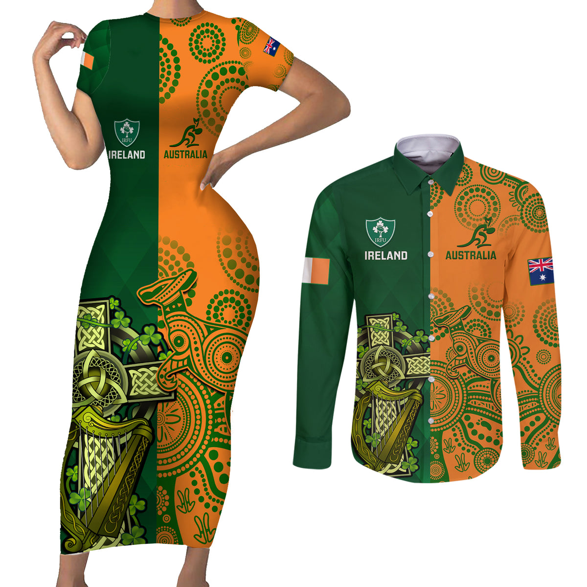 Australia And Ireland Rugby Couples Matching Short Sleeve Bodycon Dress and Long Sleeve Button Shirts 2023 World Cup Walllabies With Shamrocks - Wonder Print Shop