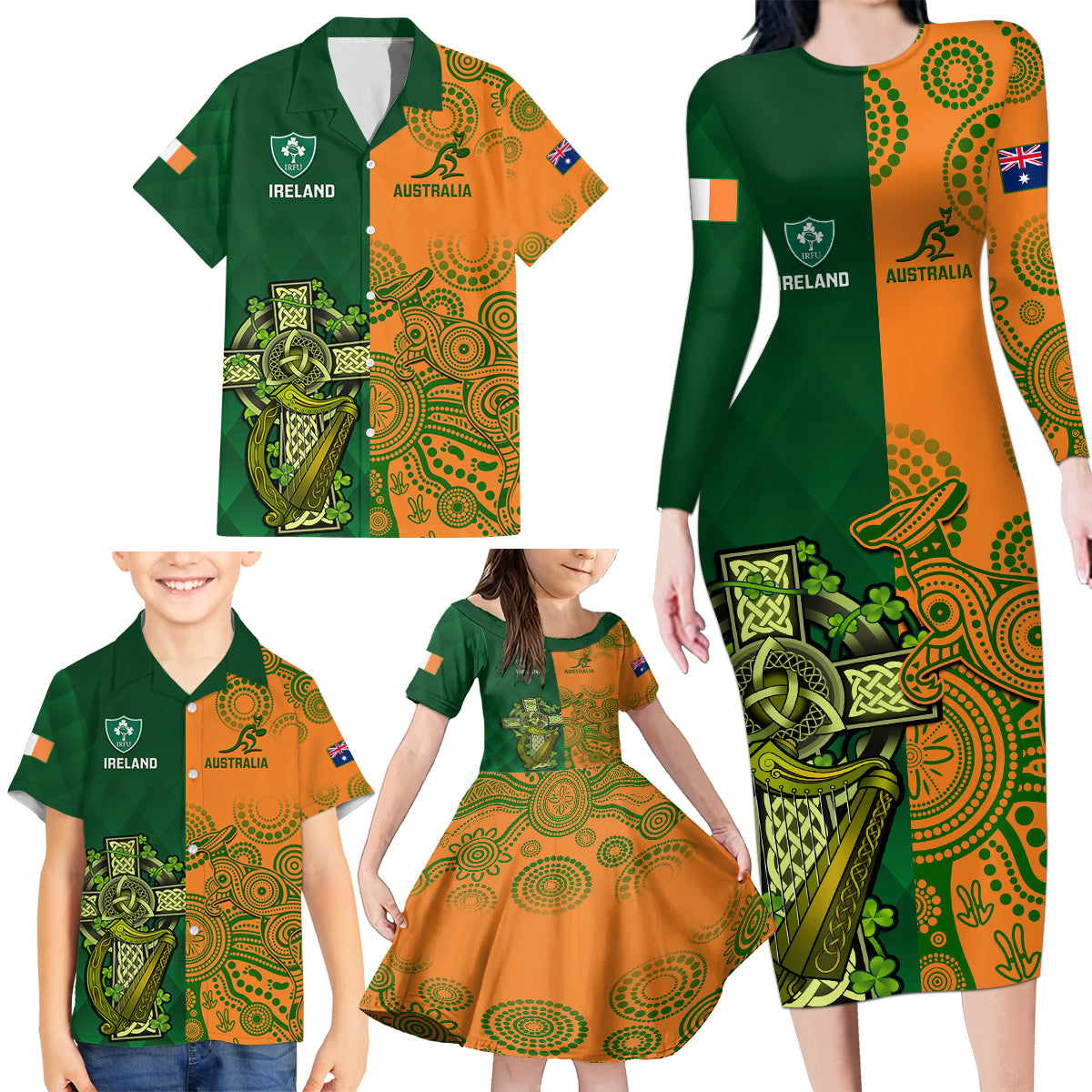 Australia And Ireland Rugby Family Matching Long Sleeve Bodycon Dress and Hawaiian Shirt 2023 World Cup Walllabies With Shamrocks - Wonder Print Shop