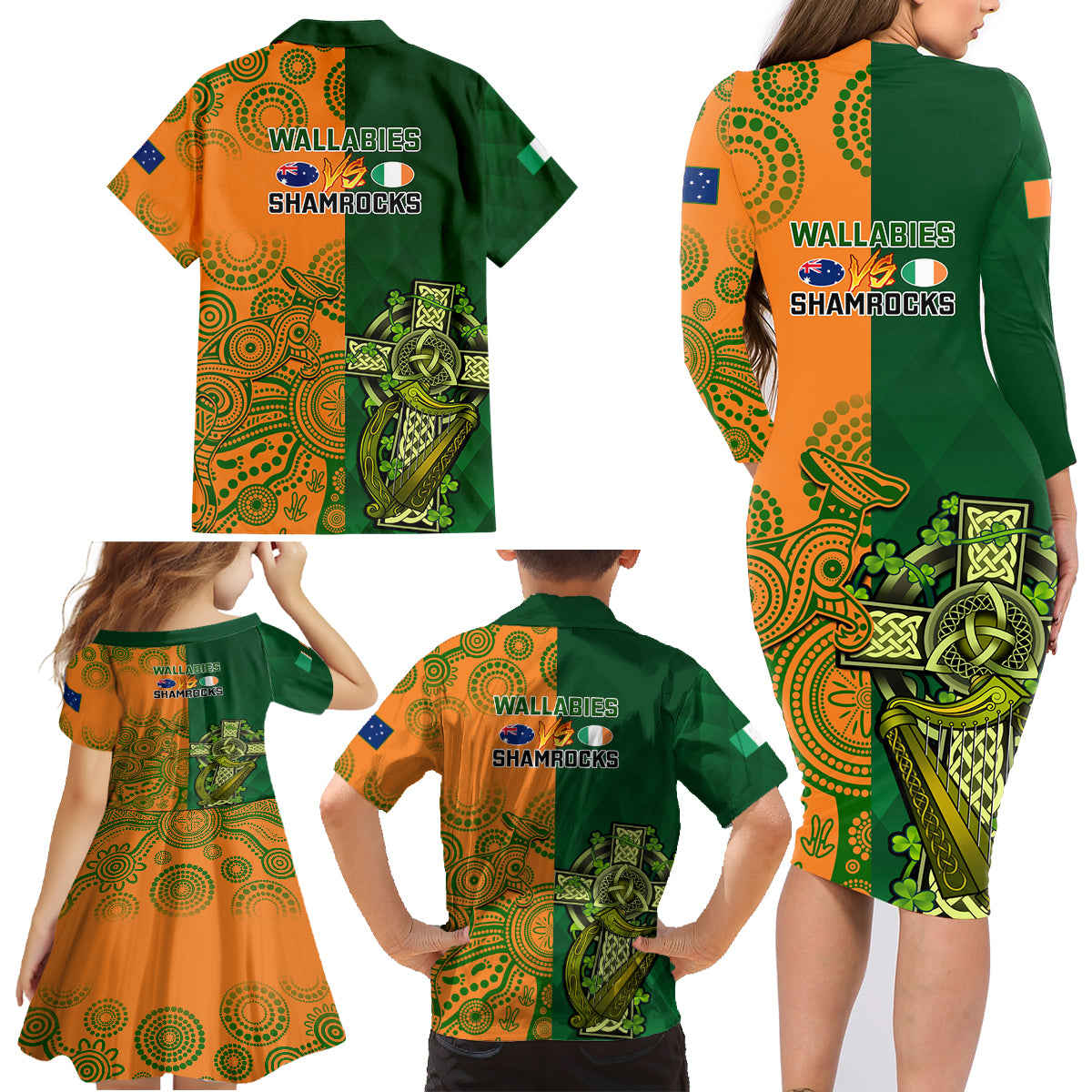 Australia And Ireland Rugby Family Matching Long Sleeve Bodycon Dress and Hawaiian Shirt 2023 World Cup Walllabies With Shamrocks - Wonder Print Shop