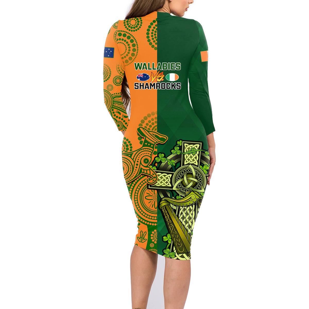 Australia And Ireland Rugby Family Matching Long Sleeve Bodycon Dress and Hawaiian Shirt 2023 World Cup Walllabies With Shamrocks - Wonder Print Shop