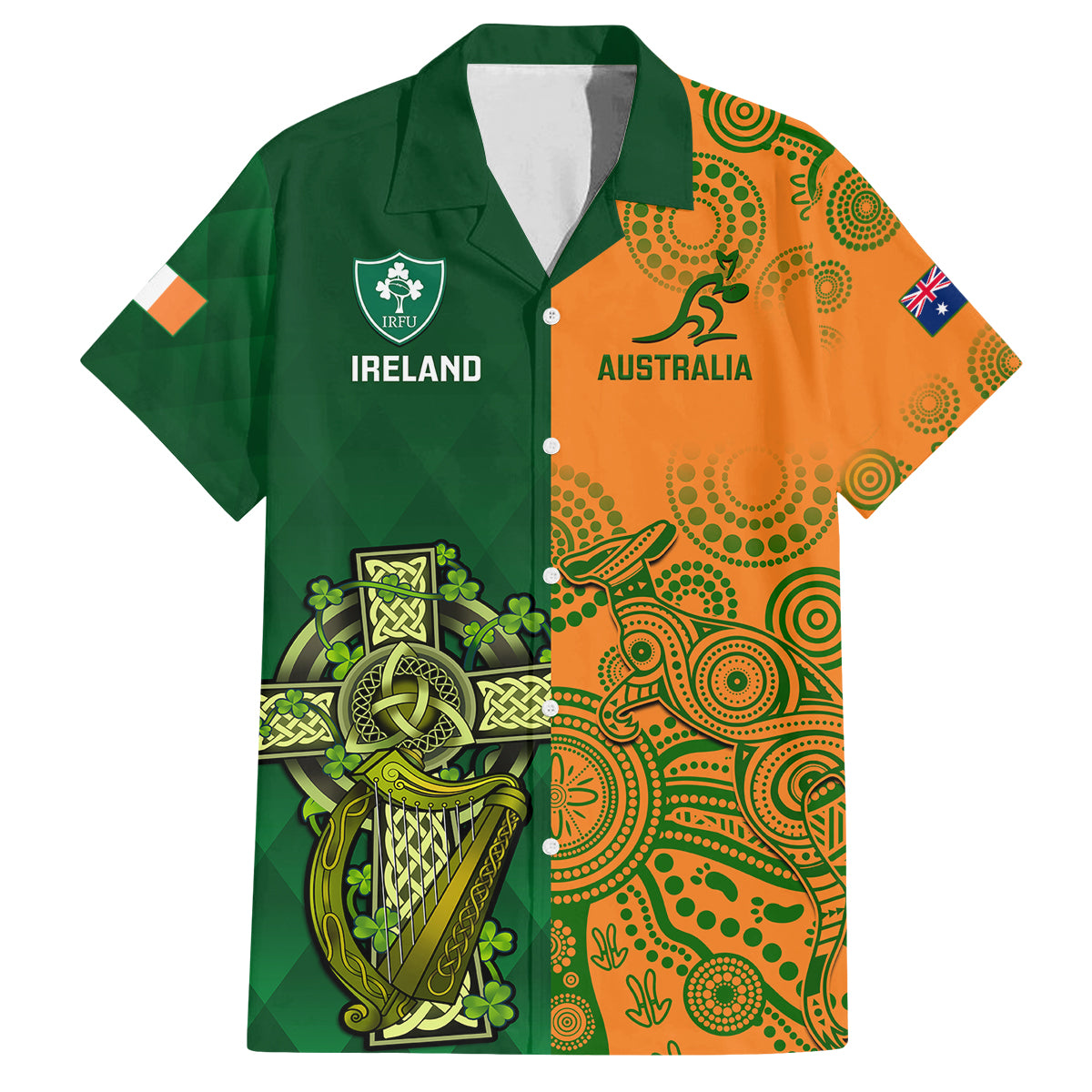 Australia And Ireland Rugby Family Matching Off Shoulder Long Sleeve Dress and Hawaiian Shirt 2023 World Cup Walllabies With Shamrocks - Wonder Print Shop