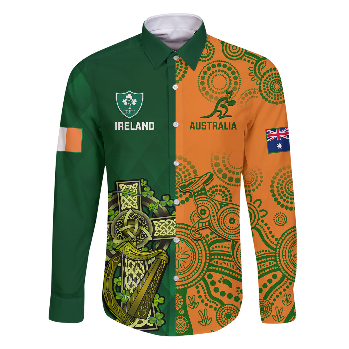 Australia And Ireland Rugby Family Matching Off Shoulder Short Dress and Hawaiian Shirt 2023 World Cup Walllabies With Shamrocks - Wonder Print Shop