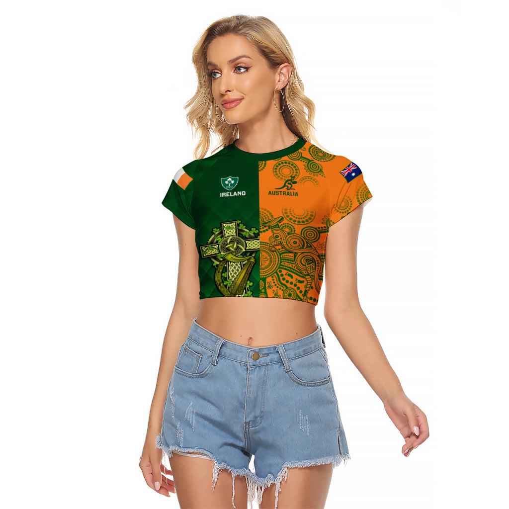 Australia And Ireland Rugby Raglan Cropped T Shirt 2023 World Cup Walllabies With Shamrocks - Wonder Print Shop