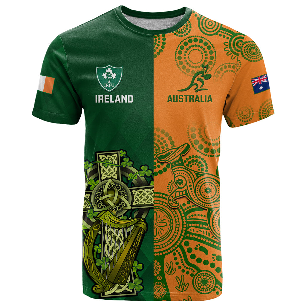 Australia And Ireland Rugby T Shirt 2023 World Cup Walllabies With Shamrocks LT14