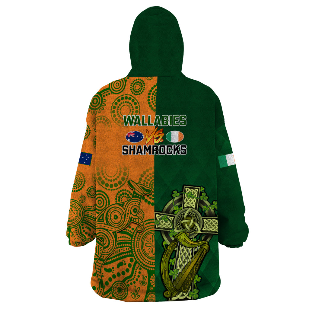Australia And Ireland Rugby Wearable Blanket Hoodie 2023 World Cup Walllabies With Shamrocks - Wonder Print Shop