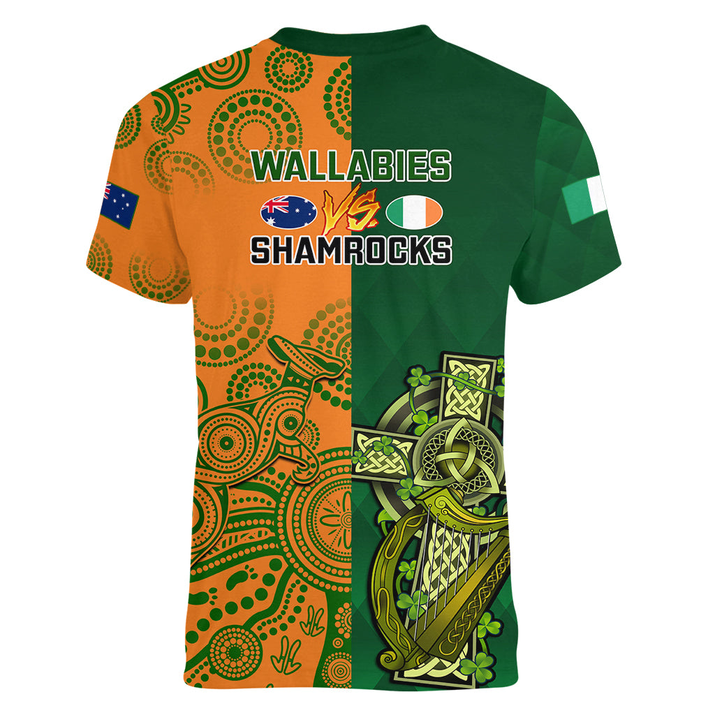 Australia And Ireland Rugby Women V Neck T Shirt 2023 World Cup Walllabies With Shamrocks - Wonder Print Shop