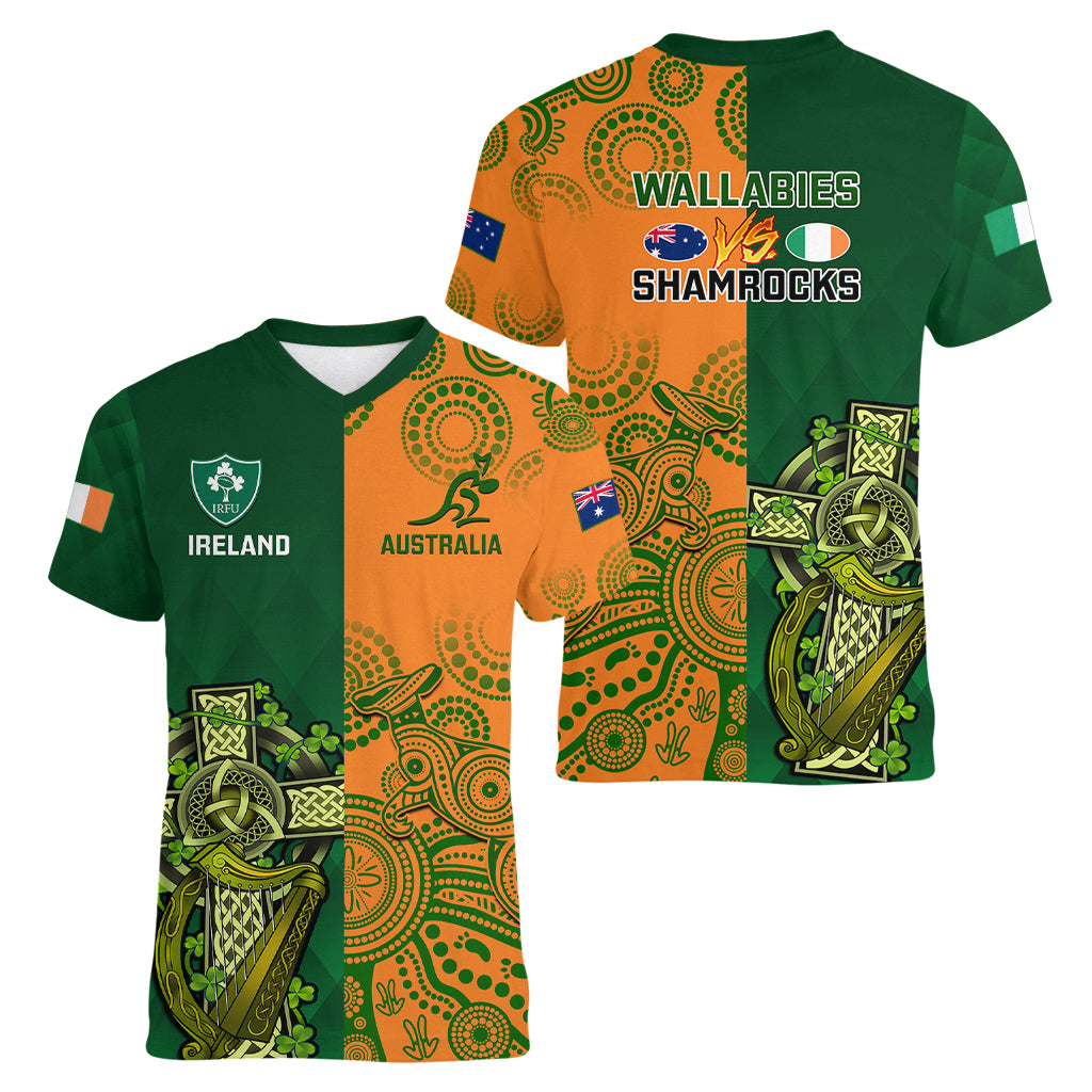 Australia And Ireland Rugby Women V Neck T Shirt 2023 World Cup Walllabies With Shamrocks - Wonder Print Shop