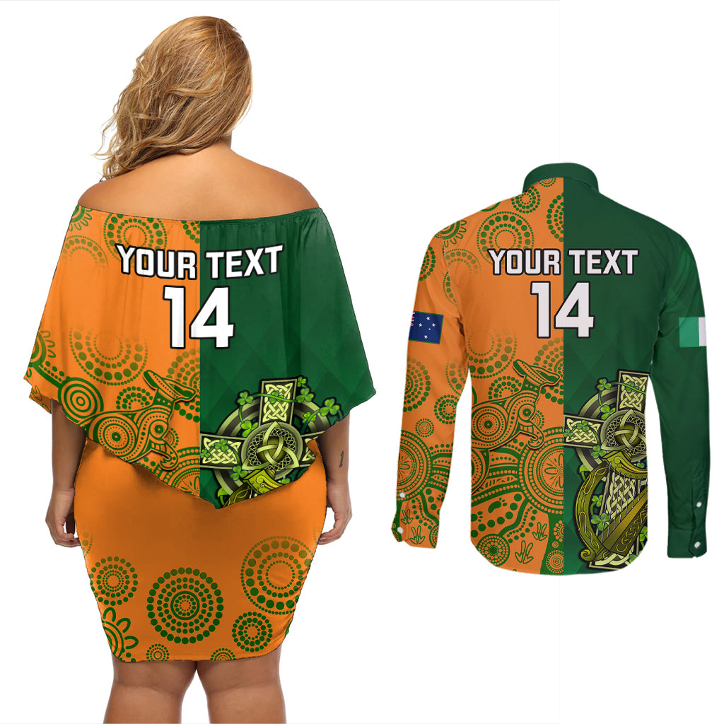 Custom Australia And Ireland Rugby Couples Matching Off Shoulder Short Dress and Long Sleeve Button Shirts 2023 World Cup Walllabies With Shamrocks - Wonder Print Shop