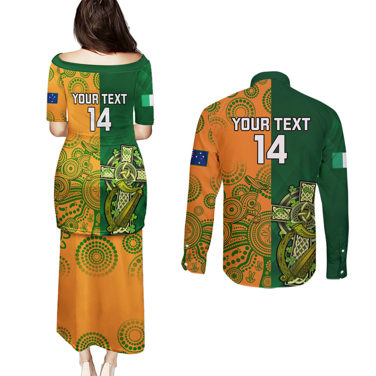 Custom Australia And Ireland Rugby Couples Matching Puletasi Dress and Long Sleeve Button Shirts 2023 World Cup Walllabies With Shamrocks - Wonder Print Shop