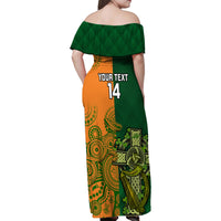 Custom Australia And Ireland Rugby Family Matching Off Shoulder Maxi Dress and Hawaiian Shirt 2023 World Cup Walllabies With Shamrocks - Wonder Print Shop