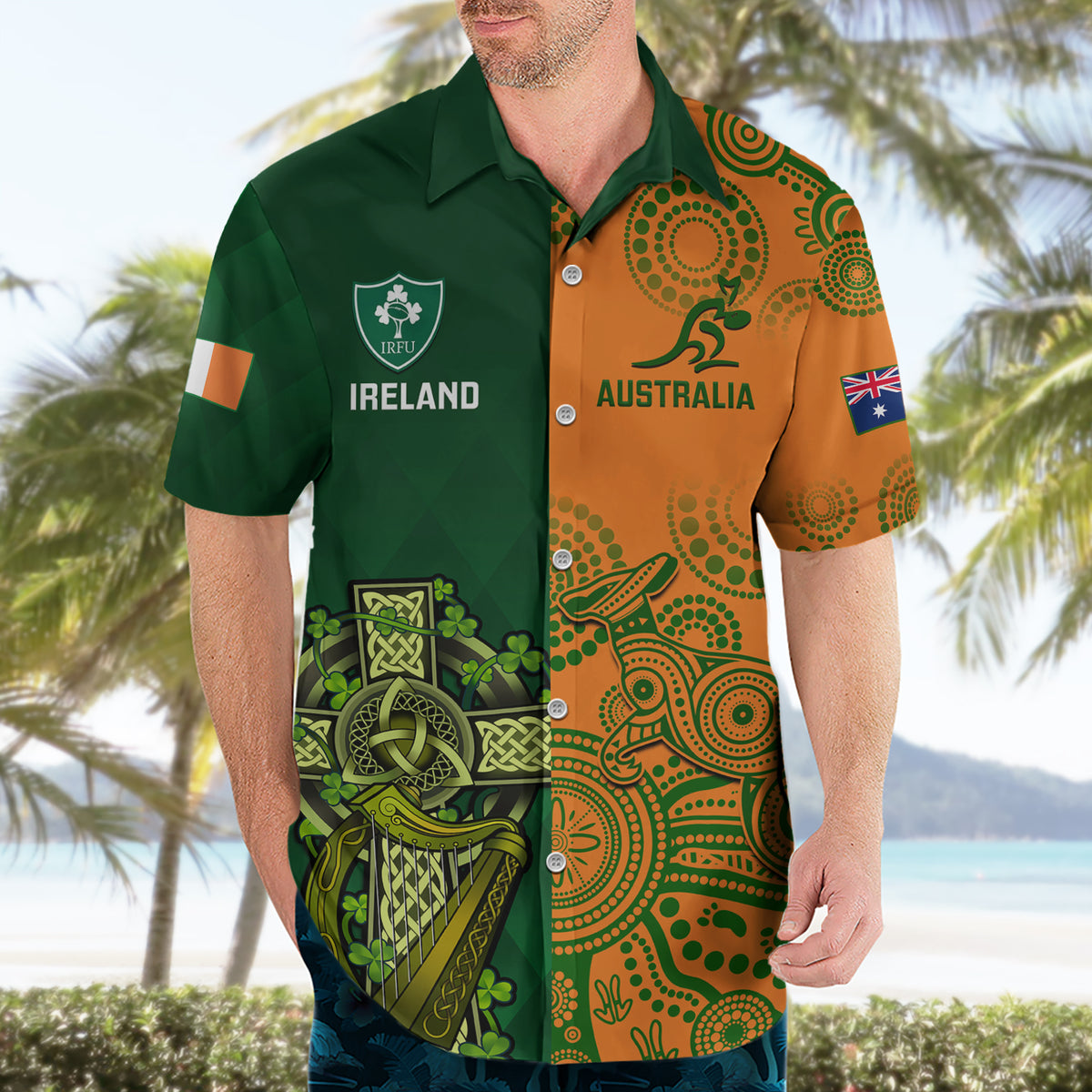 Custom Australia And Ireland Rugby Hawaiian Shirt 2023 World Cup Walllabies With Shamrocks - Wonder Print Shop