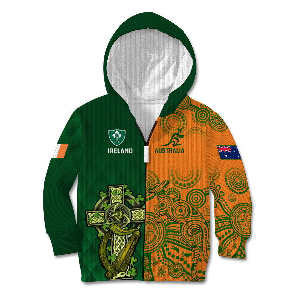 Custom Australia And Ireland Rugby Kid Hoodie 2023 World Cup Walllabies With Shamrocks - Wonder Print Shop